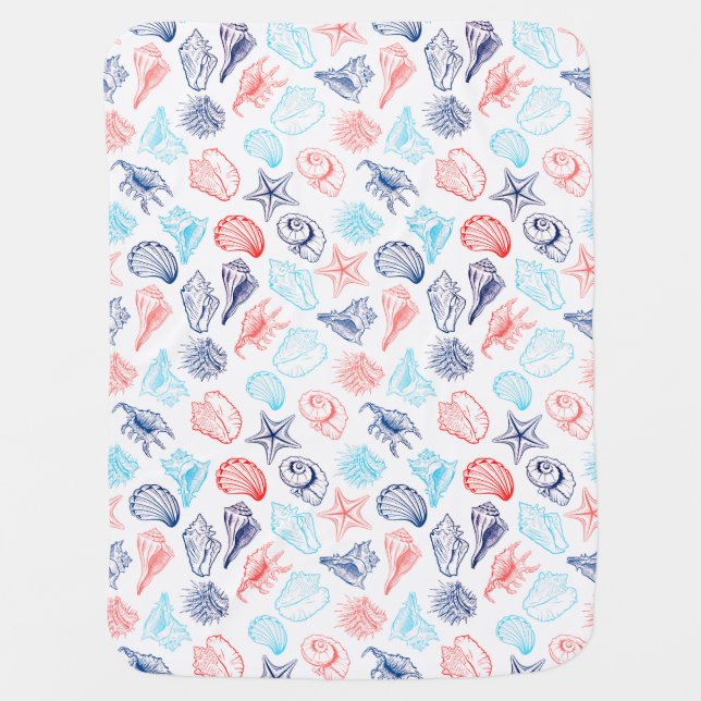 Various red blue seashells line art pattern baby blanket (Front)