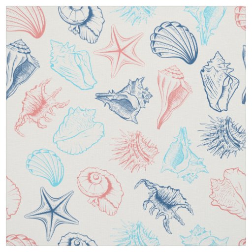 Various red blue seashells line art pattern fabric