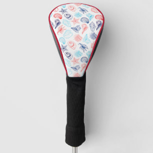Various red blue seashells line art pattern golf head cover