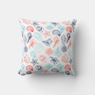 Various red blue seashells line art pattern throw pillow