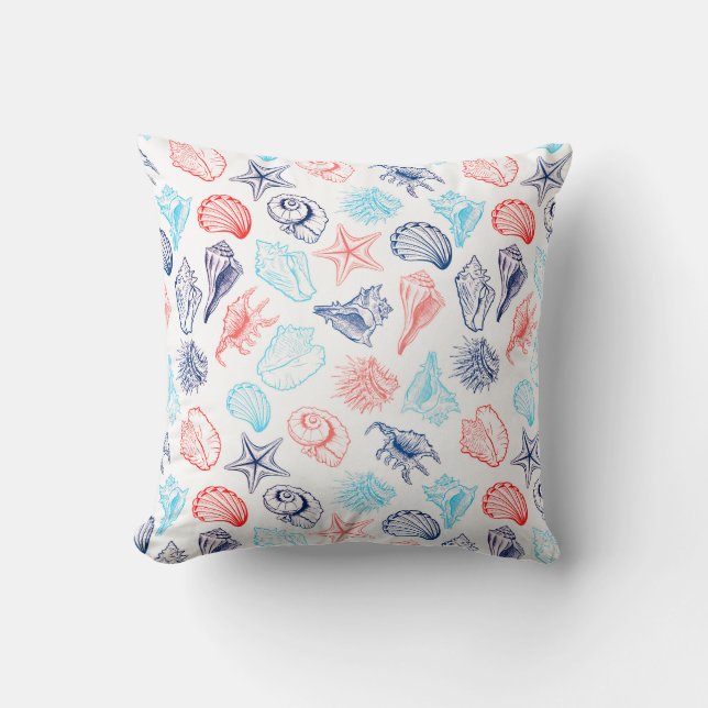 Various red blue seashells line art pattern throw pillow (Front)