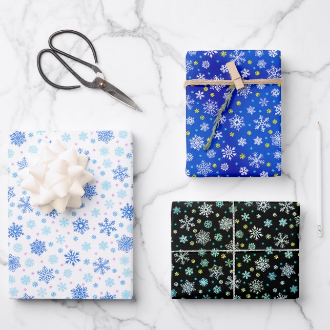 Various Shapes Snowflakes Blue White Black Elegant Wrapping Paper Sheets (Front)