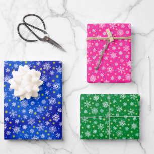 Various snowflake shapes blue pink green elegant wrapping paper sheets