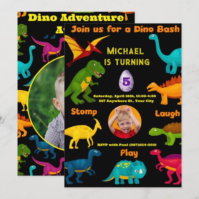Various Species of Colorful Dinosaurs  Invitation (Front/Back)