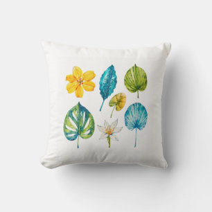 Various tropical flowers leaves throw pillow