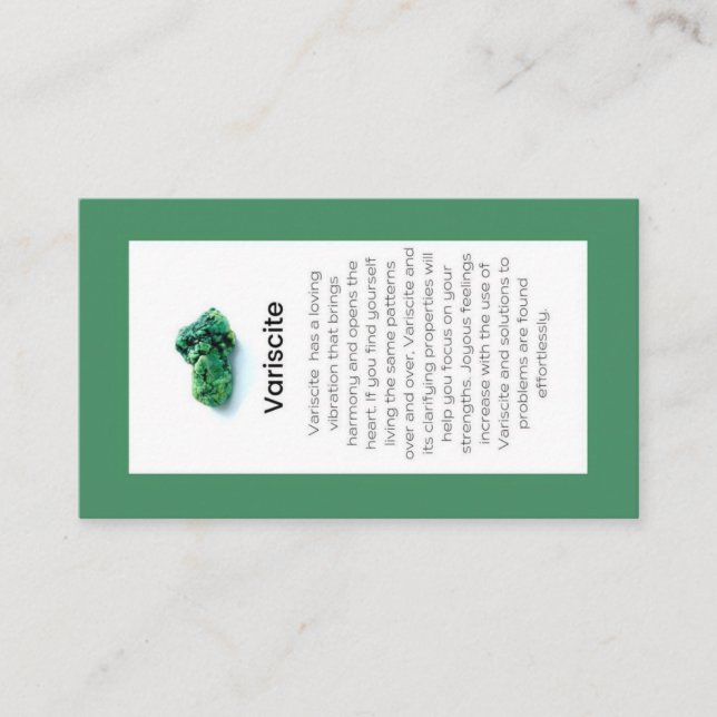 Variscite Crystal Meaning Jewelry Display  Business Card (Front)