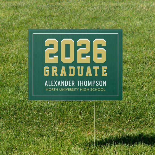 Varsity 2026 Graduate Gold Green Custom Graduation Sign (Insitu)