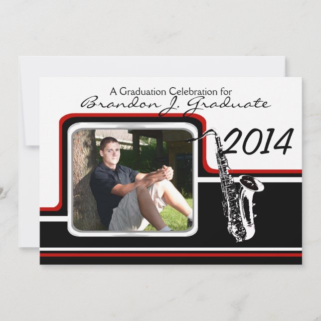 Varsity Band Saxophone Graduation Photo Red Invitation (Front)