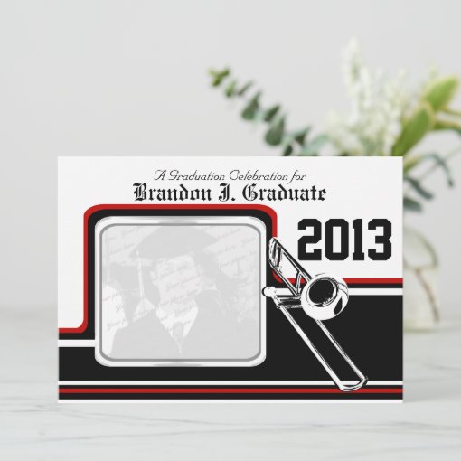 Varsity Band Trombone Graduation Photo Red Invitation Zazzle