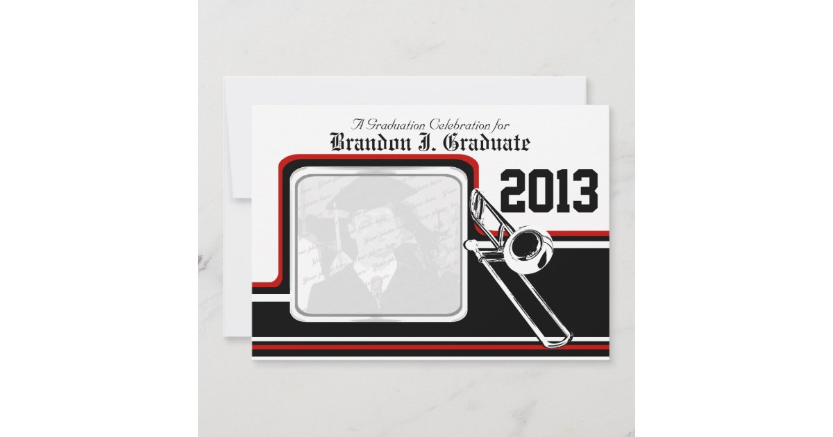 Varsity Band Trombone Graduation Photo Red Invitation Zazzle