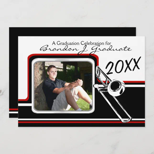 Varsity Band Trombone Graduation Photo Red Invitation Zazzle