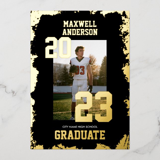 Varsity Black and Gold Sports Graduation Party Foil Invitation (Front)
