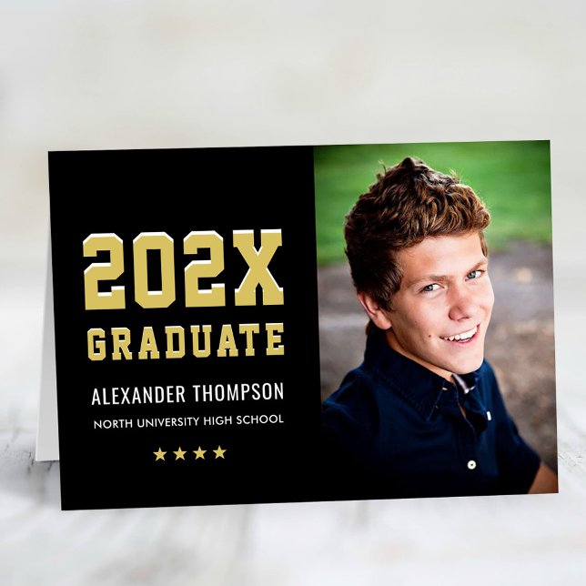 Varsity Black Gold Graduation Photo 2026 Thank You Card (Creator Uploaded)