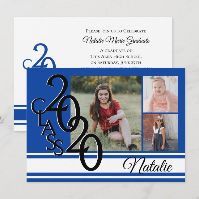 Varsity Blue 2020 Graduation Tri Photo Invitation (Front/Back)