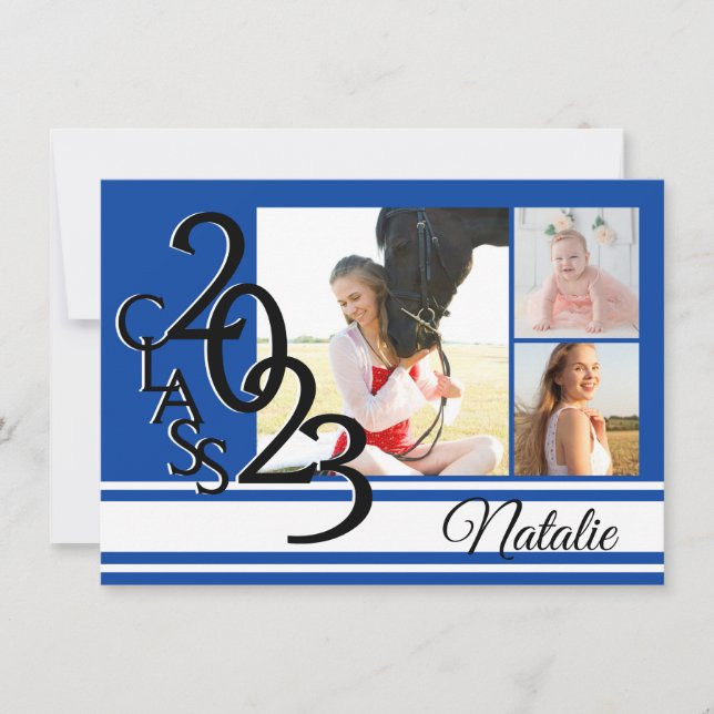 Varsity Blue 2023 Graduation Tri Photo Invitation (Front)