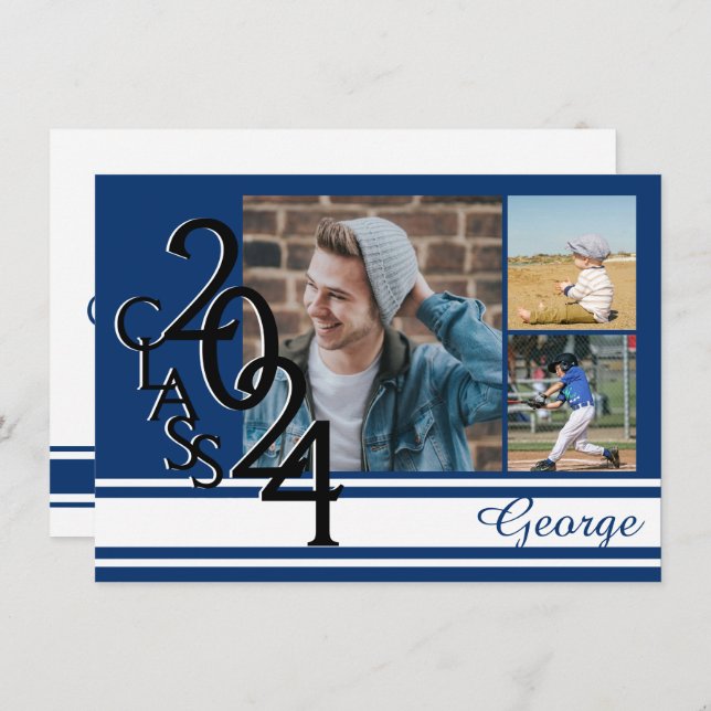 Varsity Blue 2024 Graduation Tri Photo Invitation (Front/Back)