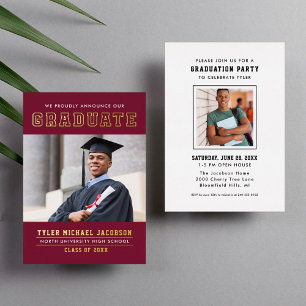 Varsity Burgundy Gold Graduate Photo Grad Party Foil Invitation