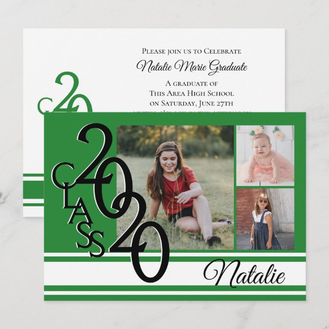Varsity Green 2020 Graduation Tri Photo Invitation (Front/Back)