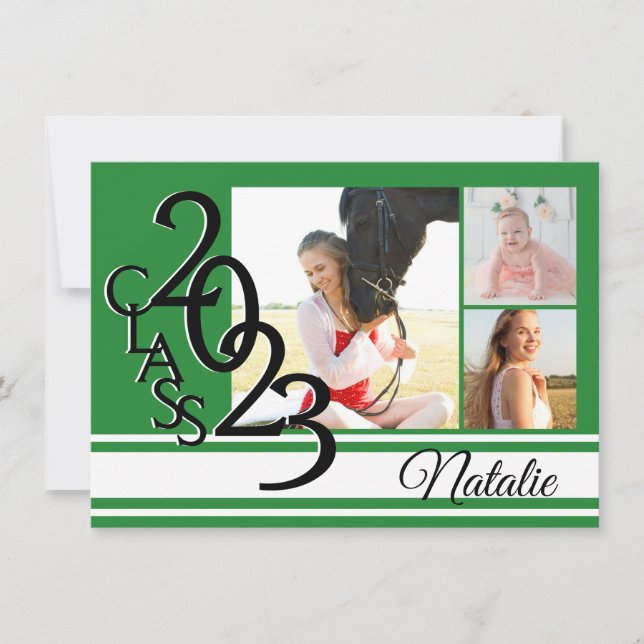 Varsity Green 2023 Graduation Tri Photo Invitation (Front)