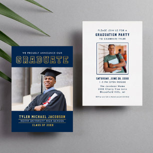 Varsity Navy Gold Graduate Photo Grad Party Foil Invitation