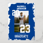 Varsity Navy Sports Graduation Party Invitation Foil Invitation<br><div class="desc">Celebrate your sports grad with this varsity style invitation. The design features foil grunge finishes and varsity style numbers to announce your sports grad! This is perfect for any athlete - football,  basketball,  soccer,  baseball,  softball,  hockey,  lacrosse,  volleyball and more!

The background color is changeable with the design tool.</div>