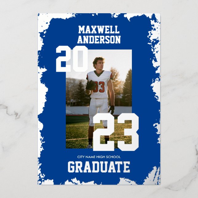 Varsity Navy Sports Graduation Party Invitation Foil Invitation (Front)