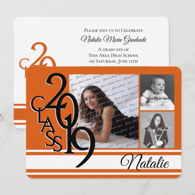 Varsity Orange 2019 Graduation Tri Photo Invitation (Front/Back)