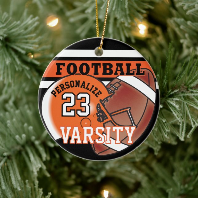 Varsity Orange and Black Football Ceramic Ornament (Tree)