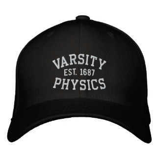 VARSITY, PHYSICS, EST. 1687 black and white Embroidered Baseball Hat