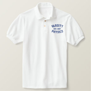 VARSITY, PHYSICS, EST. 1687 blue and white Embroidered Polo Shirt