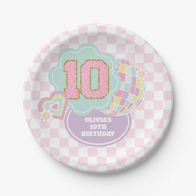 Varsity preppy pastel patch 10th Birthday Paper Plates (Front)