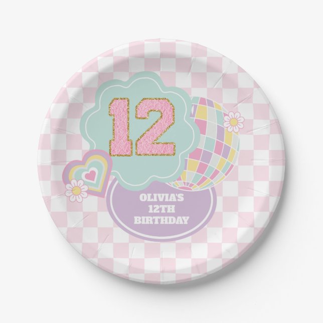 Varsity preppy pastel patch 12th Birthday Paper Plates (Front)