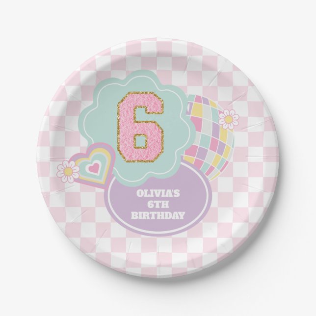 Varsity preppy pastel patch 6th Birthday Paper Plates (Front)