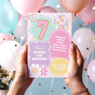 Varsity preppy pastel patch 7th Birthday Invitation