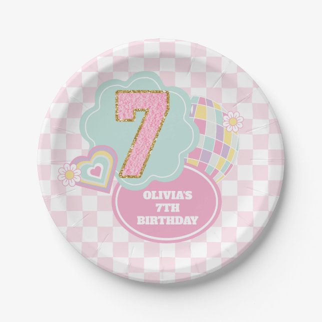 Varsity preppy pastel patch 7th Birthday Paper Plates (Front)