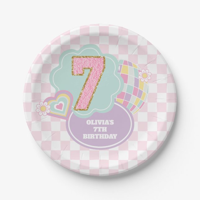 Varsity preppy pastel patch 7th Birthday Paper Plates (Front)