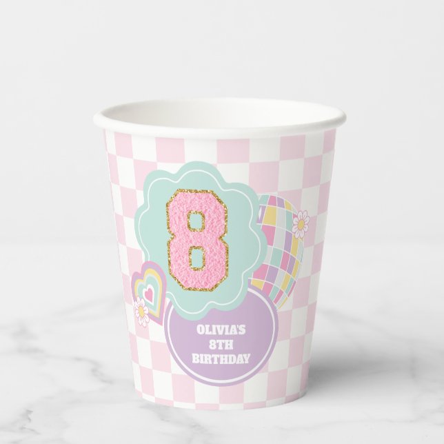 Varsity preppy pastel patch 8th Birthday Paper Cups (Front)