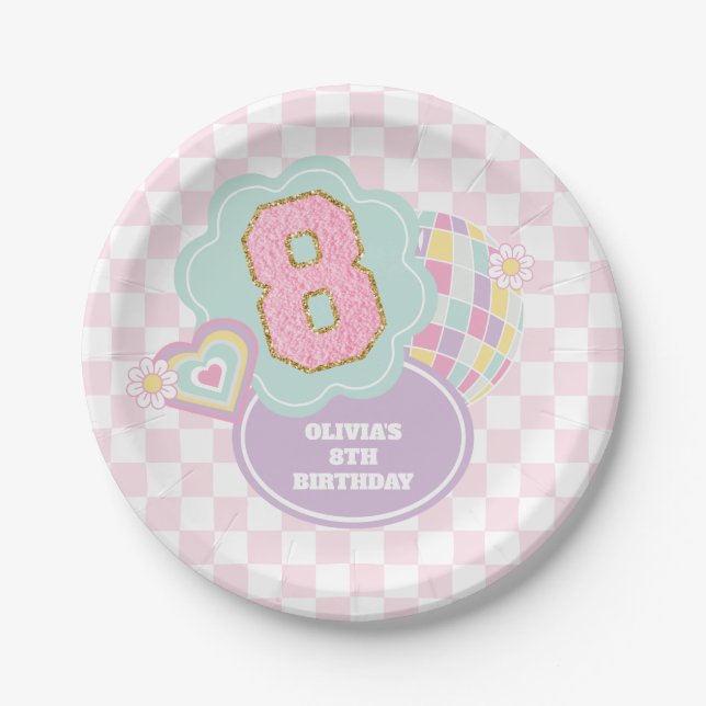 Varsity preppy pastel patch 8th Birthday Paper Plates (Front)