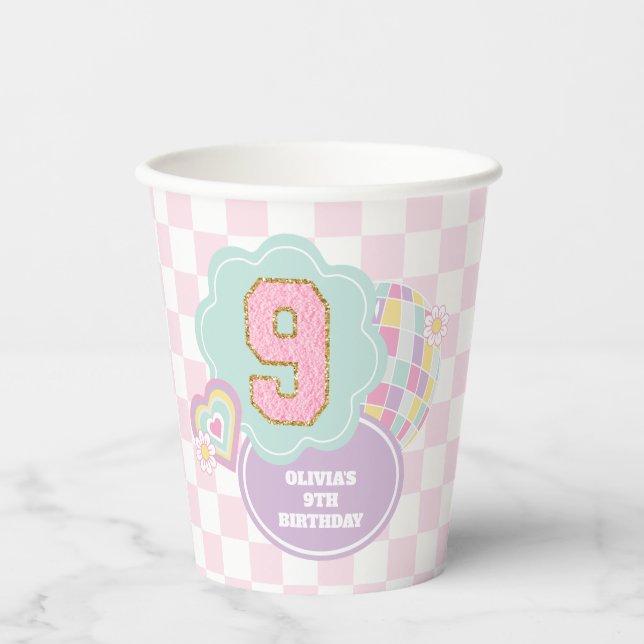 Varsity preppy pastel patch 9th Birthday Paper Cups (Front)