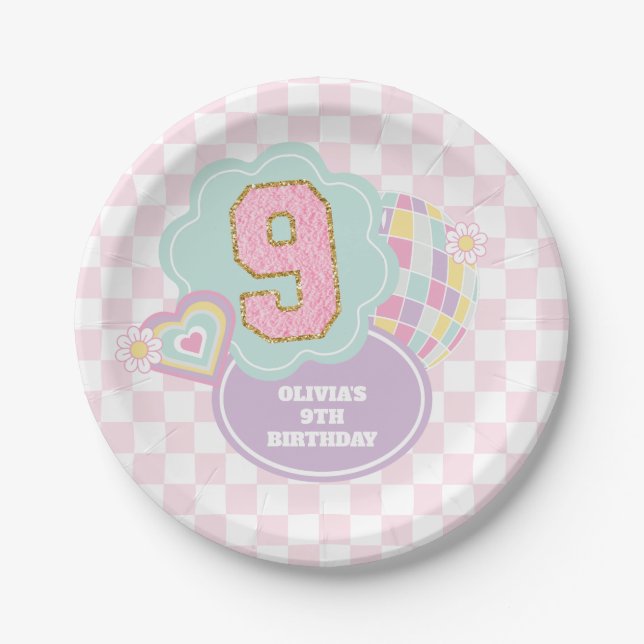 Varsity preppy pastel patch 9th Birthday Paper Plates (Front)