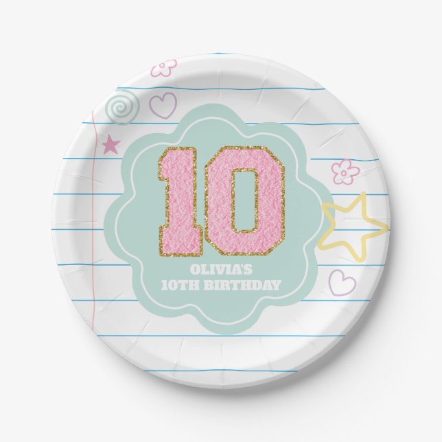 Varsity preppy pastel patch notebook 10th Birthday Paper Plates (Front)