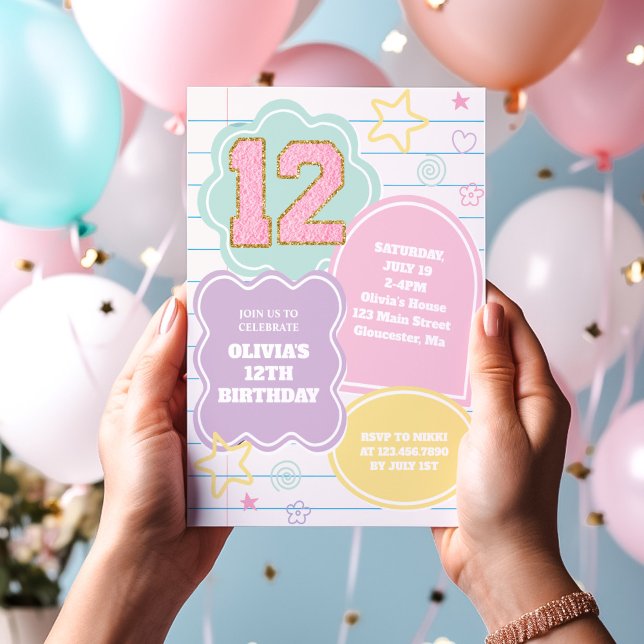 Varsity preppy pastel patch notebook 12th Birthday Invitation (Creator Uploaded)