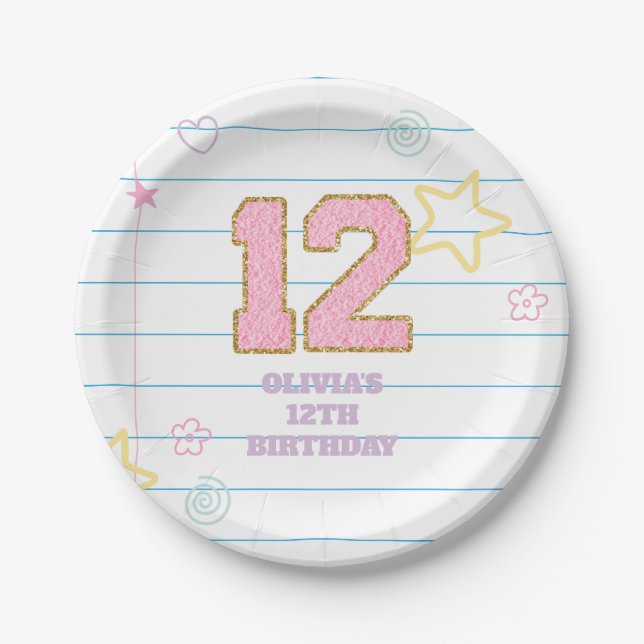 Varsity preppy pastel patch notebook 12th Birthday Paper Plates (Front)