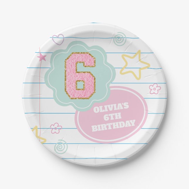 Varsity preppy pastel patch notebook 6th Birthday Paper Plates (Front)