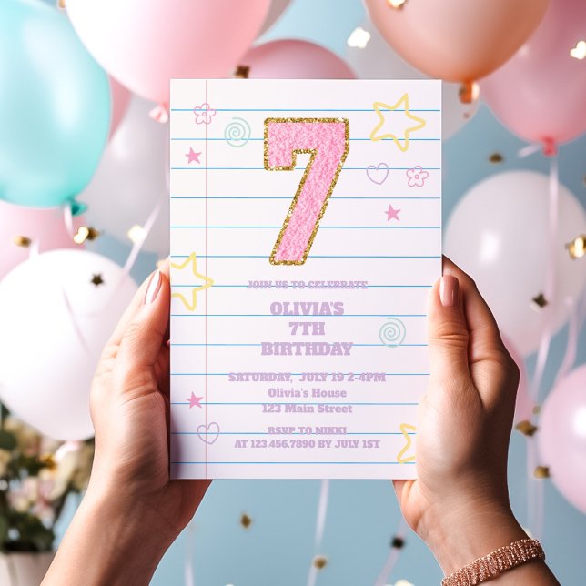 Varsity preppy pastel patch notebook 7th Birthday Invitation (Creator Uploaded)