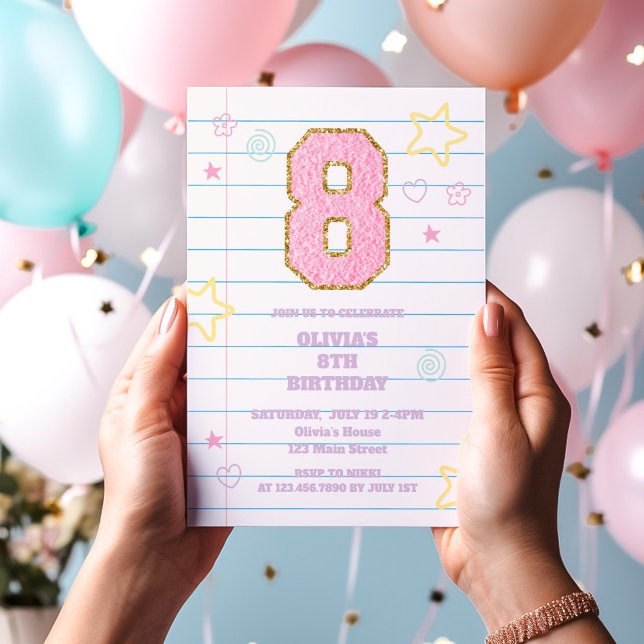 Varsity preppy pastel patch notebook 8th Birthday Invitation (Creator Uploaded)