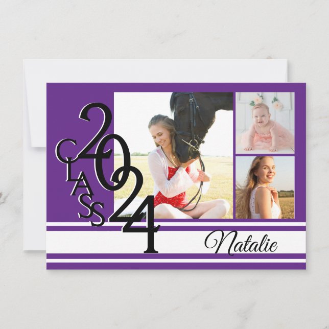 Varsity Purple 2024 Graduation Tri Photo Invitation (Front)