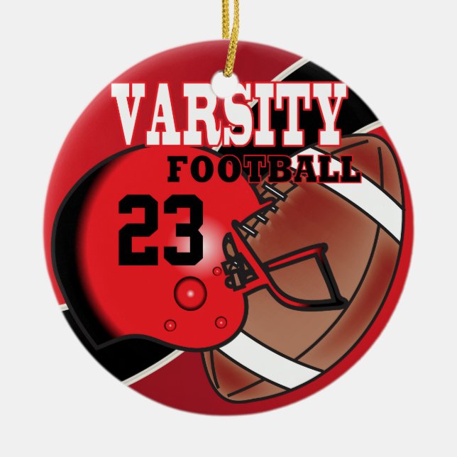 Varsity Red and Black Football Ceramic Ornament (Front)