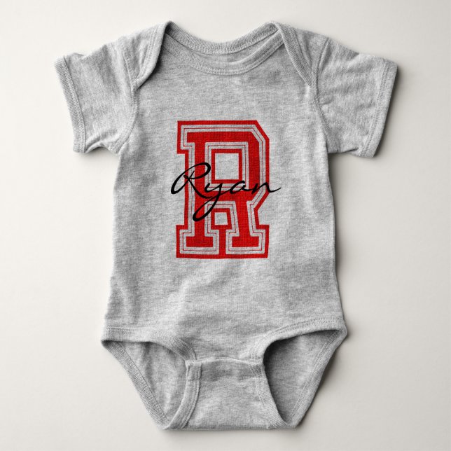 Varsity Sport | Monogram Letter R | Red | DIY Name Baby Bodysuit (Front)