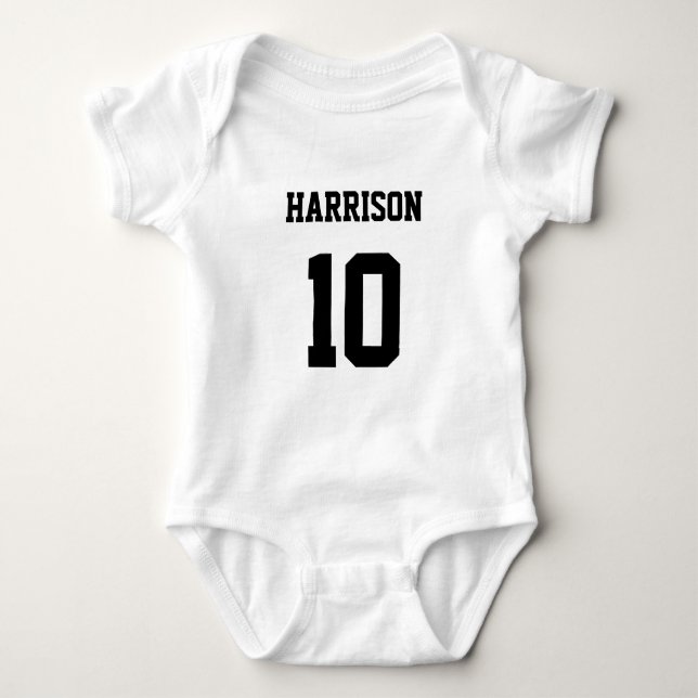 Varsity sports black white custom name number baby bodysuit (Front)